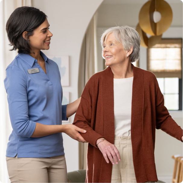 A home care professional assisting an older adult